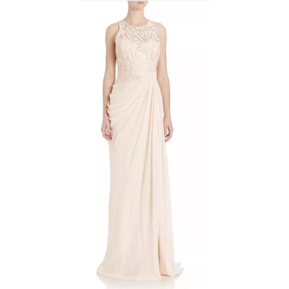 $990 Badgley Mischka Pink Blush Draped Sequin Lace Gown Sz 4 Bridesmaid MOB Prom